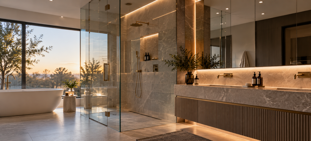 A luxury modern bathroom interior featuring a marble double vanity with a wood-look front, a glass walk-in shower enclosure, a freestanding bathtub by large floor-to-ceiling windows, and warm ambient lighting.